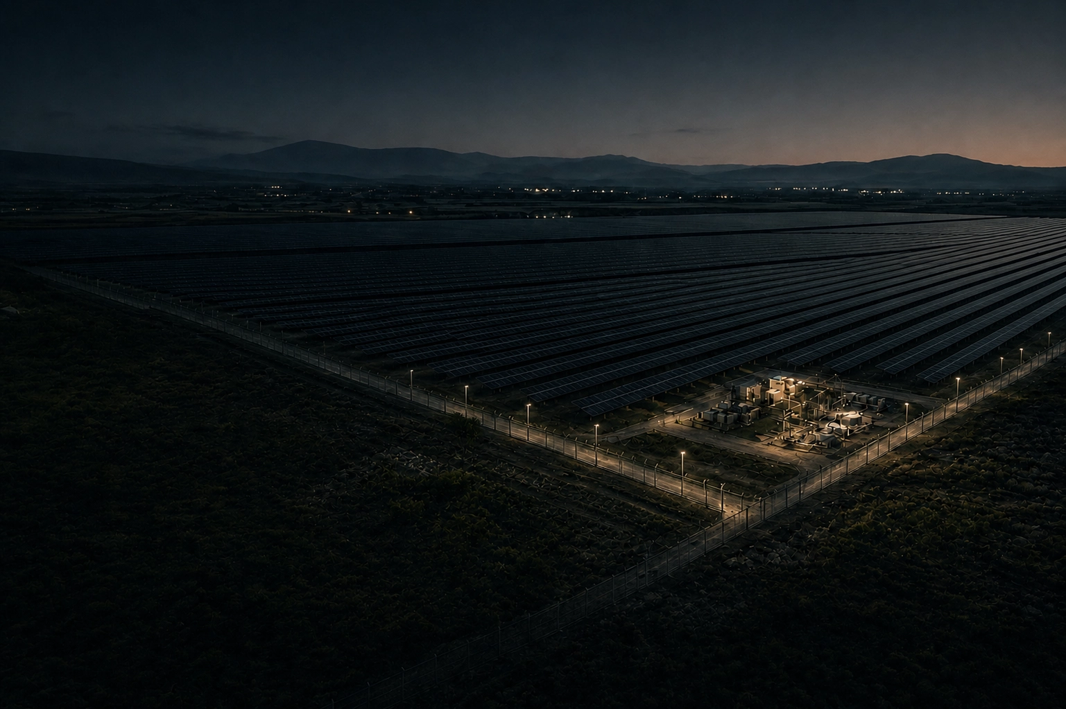 Utility-scale solar power plant perimeter at dusk